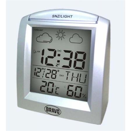 BRAVO Digitální teploměr B-5106, vnitřní teplota a vlhkost, hodiny, datum a den, rok, podsv.display, stříbrný