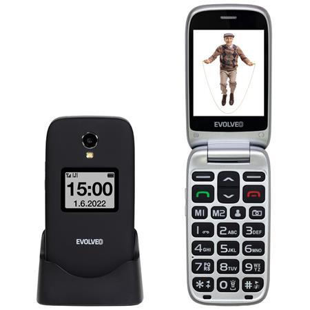 Evolveo EasyPhone FS, vyklápěcí mobilní telefon 2.8" pro seniory s nabíjecím stojánkem (černá barva); EP-771-FSB