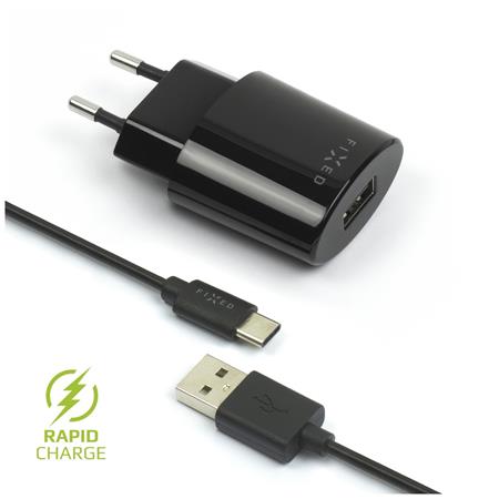 FIXED Síťová nabíječka USB-C, odjímatelný kabel, 2 4A, černá
