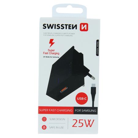 Swissten síťový adaptér pro Samsung super fast charging 25w + datový kabel usb-c/usb-c 1,2 m černý; 22050100