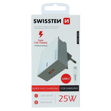 Swissten síťový adaptér pro Samsung super fast charging 25w + datový kabel usb-c/usb-c 1,2 m bílý; 22050200
