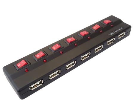 PremiumCord USB 2.0 HUB 7-portový s napájecím zdrojem a vypínači portů; ku2hub7sw