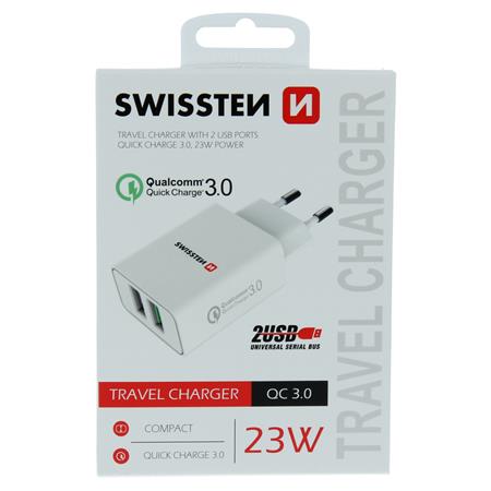 Swissten síťový adaptér 2x USB qc 3.0 + USB, 23w bílý ; 22060100