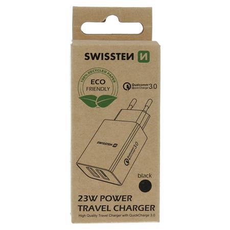 Swissten síťový adaptér 2x USB QC 3.0 + USB, 23W černý (eco balení); 22060200ECO