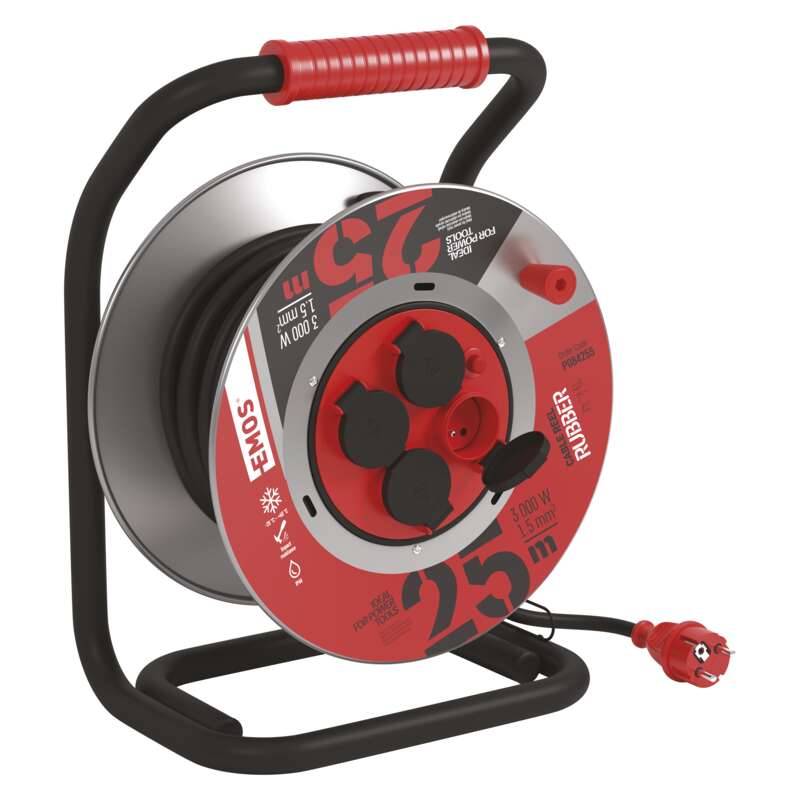 EMOS Venkovní prodlužovací kabel na bubnu 25 m / 4 zásuvky / černý / guma / 230 V / 1,5 mm2; 1908242514