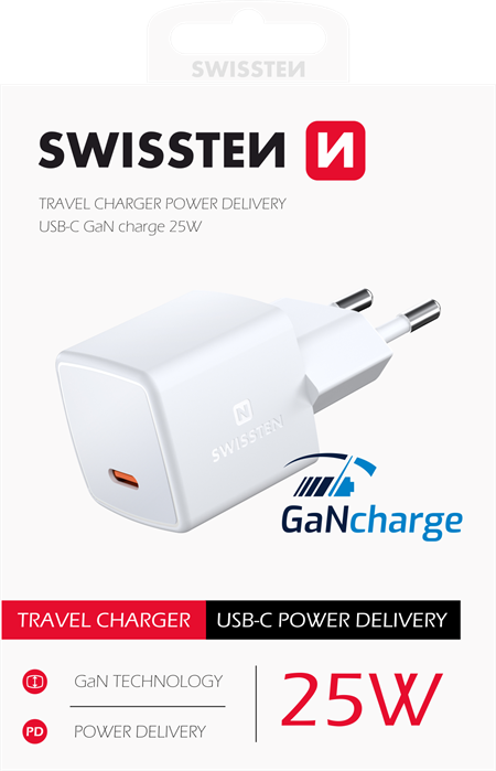 Swissten mini síťový adaptér GaN USB-C 25W Power delivery; 22044100