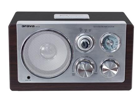 Orava RR-29B, retro rádio, Analogový AM / FM tuner, čtečka SD / MMC, USB host, Podpora WMA / MP3, 3,5 mm AUX, 3 W