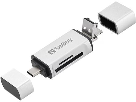 Sandberg čtečka paměťových karet 3v1 konektory USB-C+USB+MicroUSB(M), sloty SD a microSD(F)
