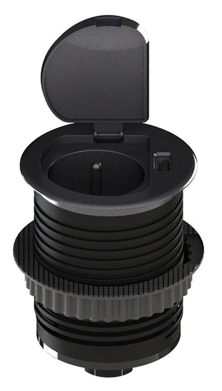 Solight 1z + 1x USB vestavná zásuvka s víčkem, plast, kruhový tvar, prodlužovací přívod 1,5m, 3x 1mm2, USB 2100mA, stříbrná
