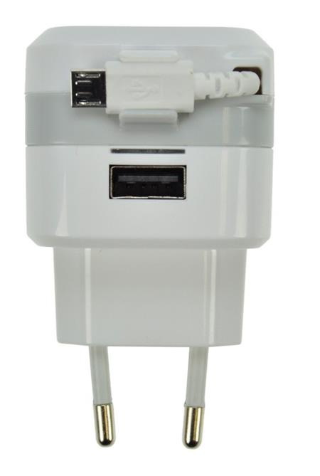 Solight USB nabíjecí adaptér, navíjecí kabel micro USB + 1x USB, 2400mA max., AC 230V, bílošedý