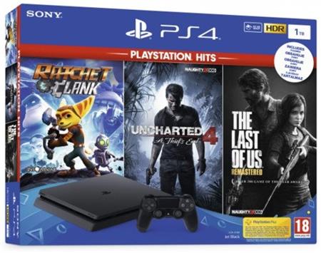 Sony Playstation 4 Slim 1TB Black + PS HITS (Uncharted 4, The Last of Us Remastered, Ratchet & Clank (PS4)
