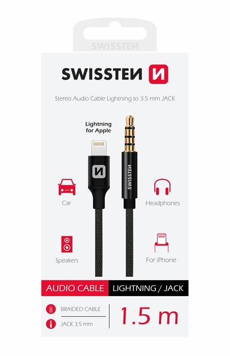 Swissten audio adaptér textile Lightning (samec)/3,5 mm jack(samec) 1,5 M černý