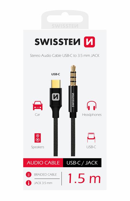 Swissten audio adaptér textile USB-C (samec)/3,5 mm jack (samec) 1,5M černý