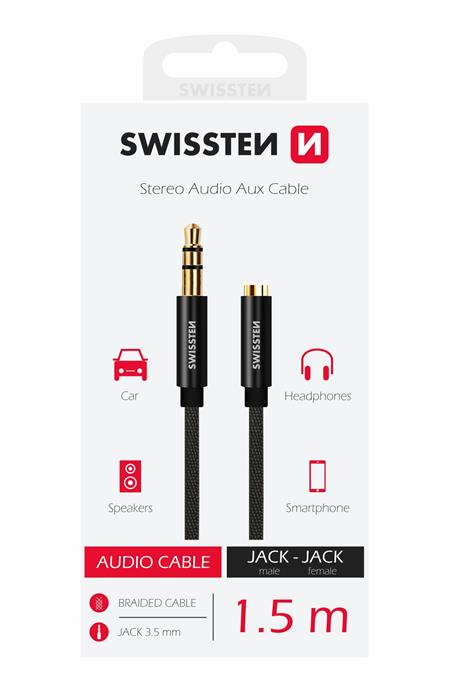 Swissten audio kabel textile 3,5 mm jack(samec) - 3,5 mm jack (samice) 1,5 M černý