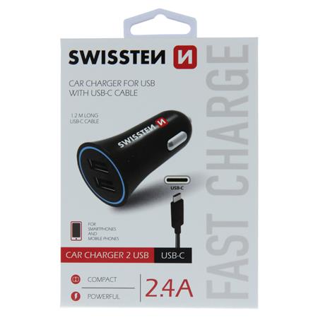 Swissten CL Adapter 2x USB 2.4A power + USB-C (1.2m)