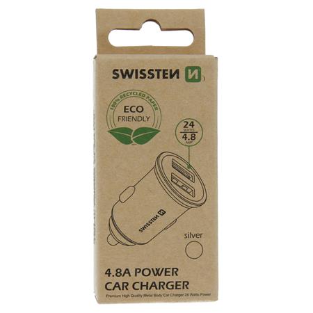 Swissten cl adaptér 2x USB 4,8a metal silver (eco balení)