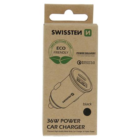 Swissten cl adaptér power delivery USB-C + quick charge 3.0 36w metal černý (eco balení)