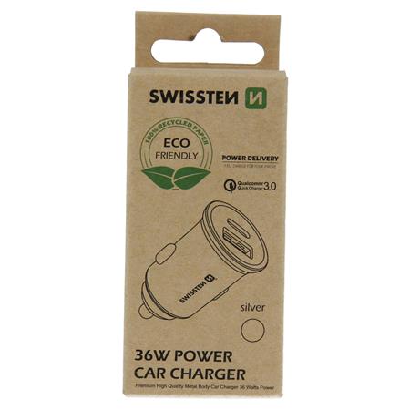 Swissten cl adaptér power delivery USB-C + quick charge 3.0 36w metal silver (eco balení)