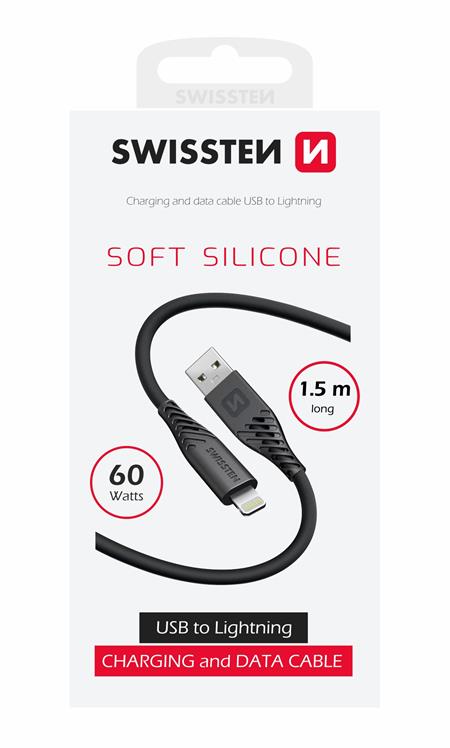 Swissten datový kabel soft silicone USB / Lightning 1,5 M 60W černý