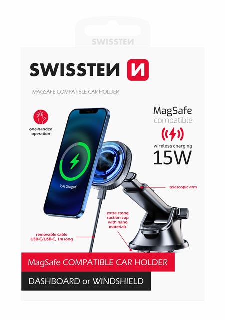 Swissten magnetický držák do auta s bezdrátovým nabíjením 15W dashboard (MagSafe compatible)