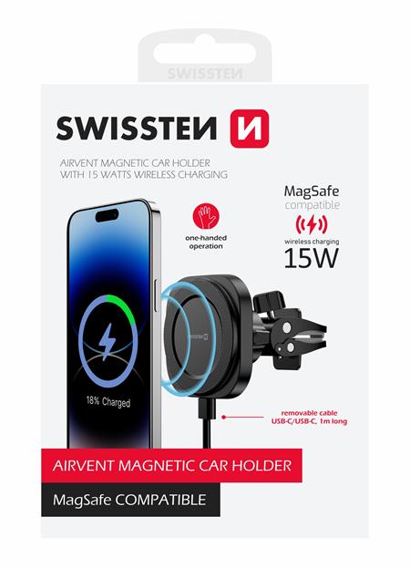 Swissten magnetický držák ventilace do auta Magstick compact s bezdrátovým nabíjením 15W/7,5W (kompatibilní s MagSafe)