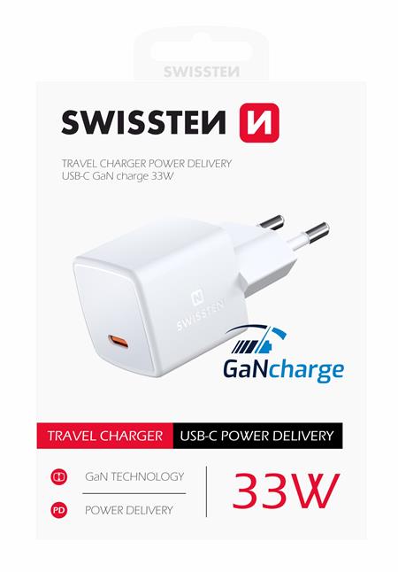Swissten mini síťový adaptér GaN USB-C 33W power delivery