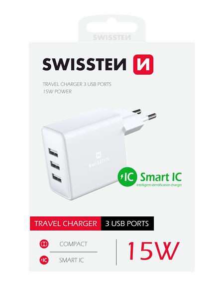 Swissten síťový adaptér 3x USB 3.1A 15.5W bílý