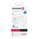 Swissten síťový adaptér GaN 1x USB-C 35W power delivery bílý + datový kabel USB-C USB-C 1,2 m bílý