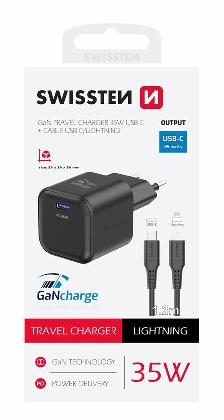 Swissten síťový adaptér GaN 1x USB-C 35W power delivery černý + datový kabel USB-C lightning 1,2 m černý