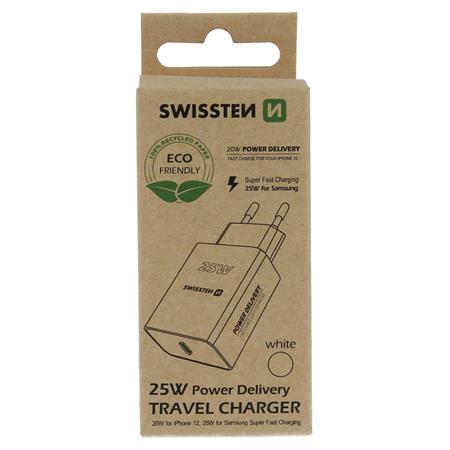 Swissten síťový adaptér PD 25W pro iPhone a Samsung bílý (eco balení)