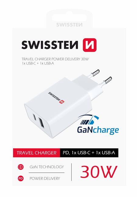 Swissten síťový adaptér power delivery 30W 1x USB-C + 1x USB bílý