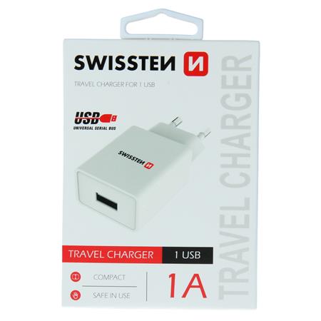 Swissten síťový adaptér smart IC 1X USB 1A power, bílý
