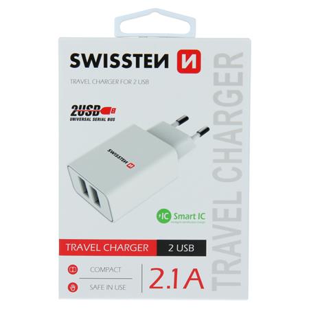 Swissten síťový adaptér smart IC 2X USB 2,1A power, bílý