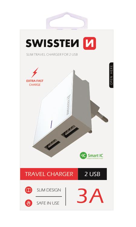 Swissten síťový adaptér smart IC 2X USB 3A power, bílý