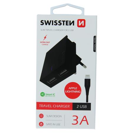 Swissten síťový adaptér smart IC 2X USB 3A power + datový kabel USB / Lightning 1,2 M, černý