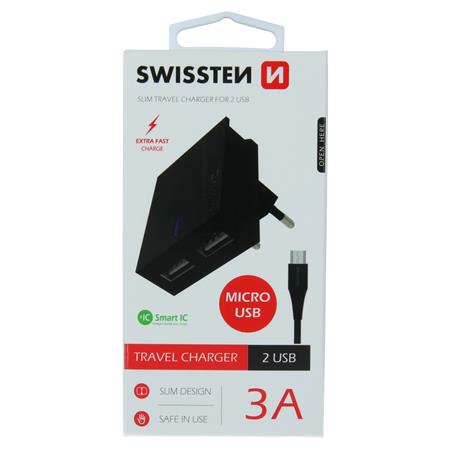 Swissten síťový adaptér smart IC 2X USB 3A power + datový kabel USB / Micro USB 1,2 M, černý
