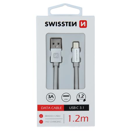 Swissten USB/USB-C 1,2m, stříbrný, textilní