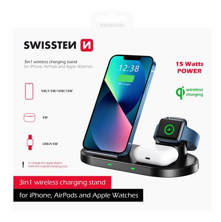 Swissten Wireless nabíječka 3v1 Stand černá