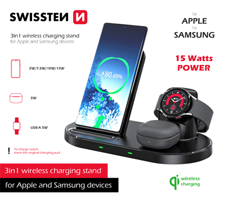 Swissten wireless nabíječka 3v1 stand pro Apple A Samsung černá