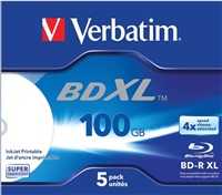 Verbatim BD-R XL (5-pack)Blu-Ray/Jewel/DL/4x/100GB/ WIDE WHITE INKJET PRINTABLE HARDCOAT SURFACE 43789