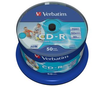Verbatim CD-R 700MB 52x, 50ks - média, Wide Inkjet Printable - AZO, spindle, bez ID dodavatele, matný 43438
