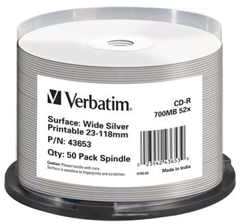Verbatim CD-R 700MB 52x, 50ks - média, Wide Silver Inkjet Printable, AZO, spindle 43653