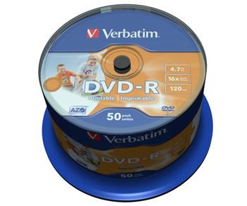 Verbatim DVD-R 4,7GB 16x, 50ks - média, Wide Inkjet Printable No ID Brand, AZO, spindle 43533