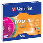 Verbatim DVD-R 4,7GB 16x Colour, 5ks - média, AZO, barevné, slim jewel 43557