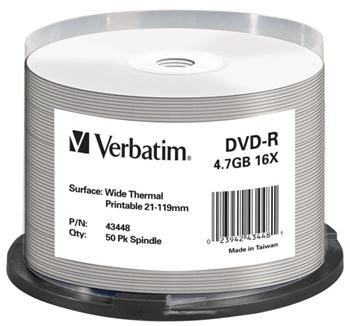Verbatim DVD-R 4,7GB 16x Thermal Printable No-ID, 50ks - média, potisknutelné na termo tiskárnách, bez loga, spind 43448