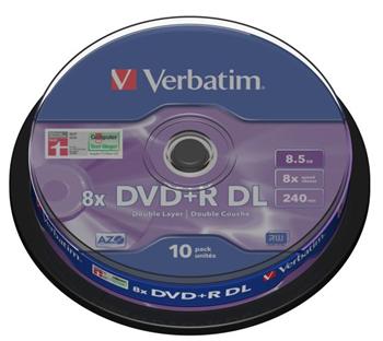 Verbatim DVD+R 8,5GB 8x DoubleLayer, 10ks - média, AZO, dvouvrstvé, spindle 43666