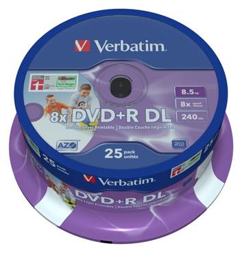 Verbatim DVD+R 8,5GB 8x Printable DoubleLayer, 25ks - média, AZO, potisknutelné, dvouvrstvé, spindle 43667